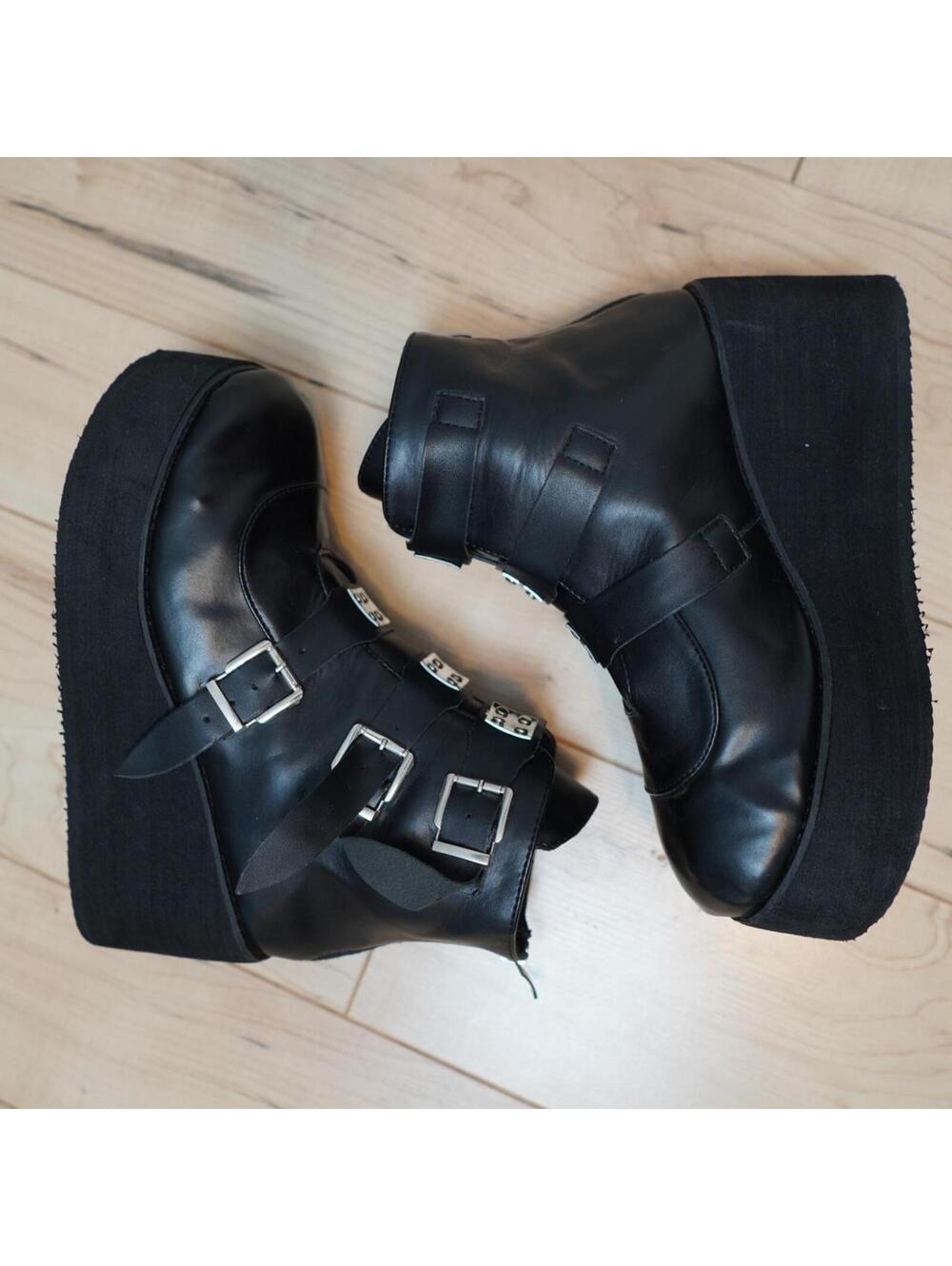 Black Buckle Platform Wedge Ankle Boots Goth Grunge Punk 9.5-10